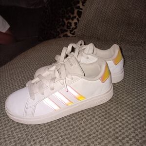 Adidas White Sneakers with Iridescent Stripes